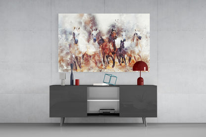 Watercolor Herd Of Horses Glass Wall Art