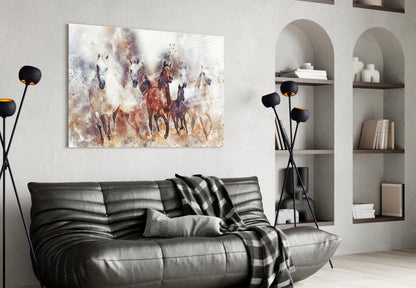 Watercolor Herd Of Horses Glass Wall Art