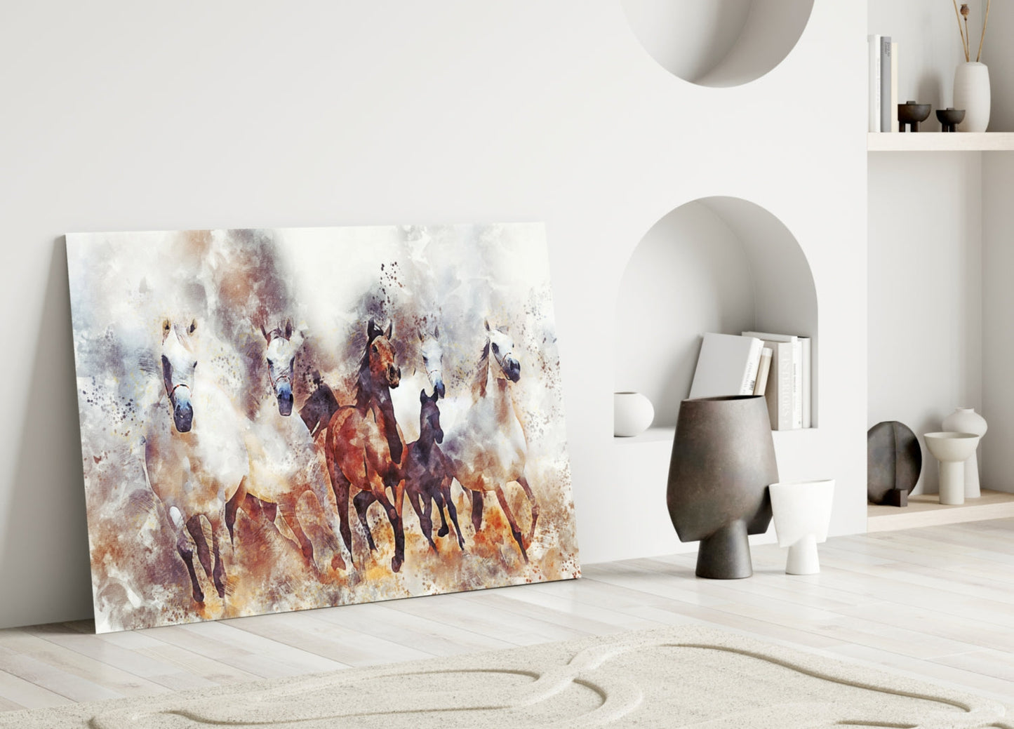 Watercolor Herd Of Horses Glass Wall Art