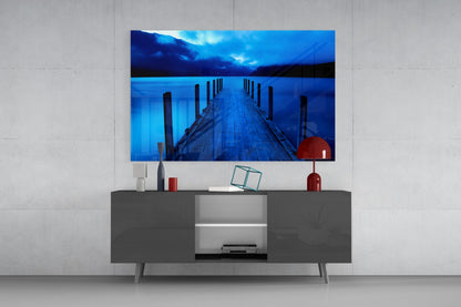 Moonlit Blue Mountain Jetty Glass Wall Art