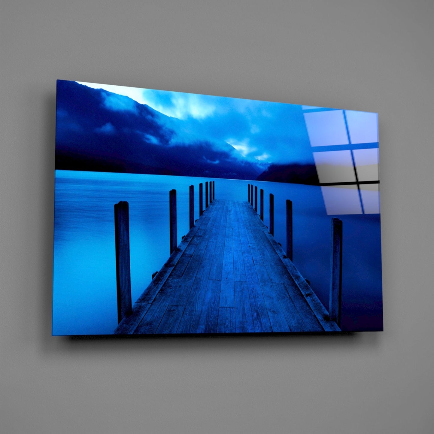 Moonlit Blue Mountain Jetty Glass Wall Art