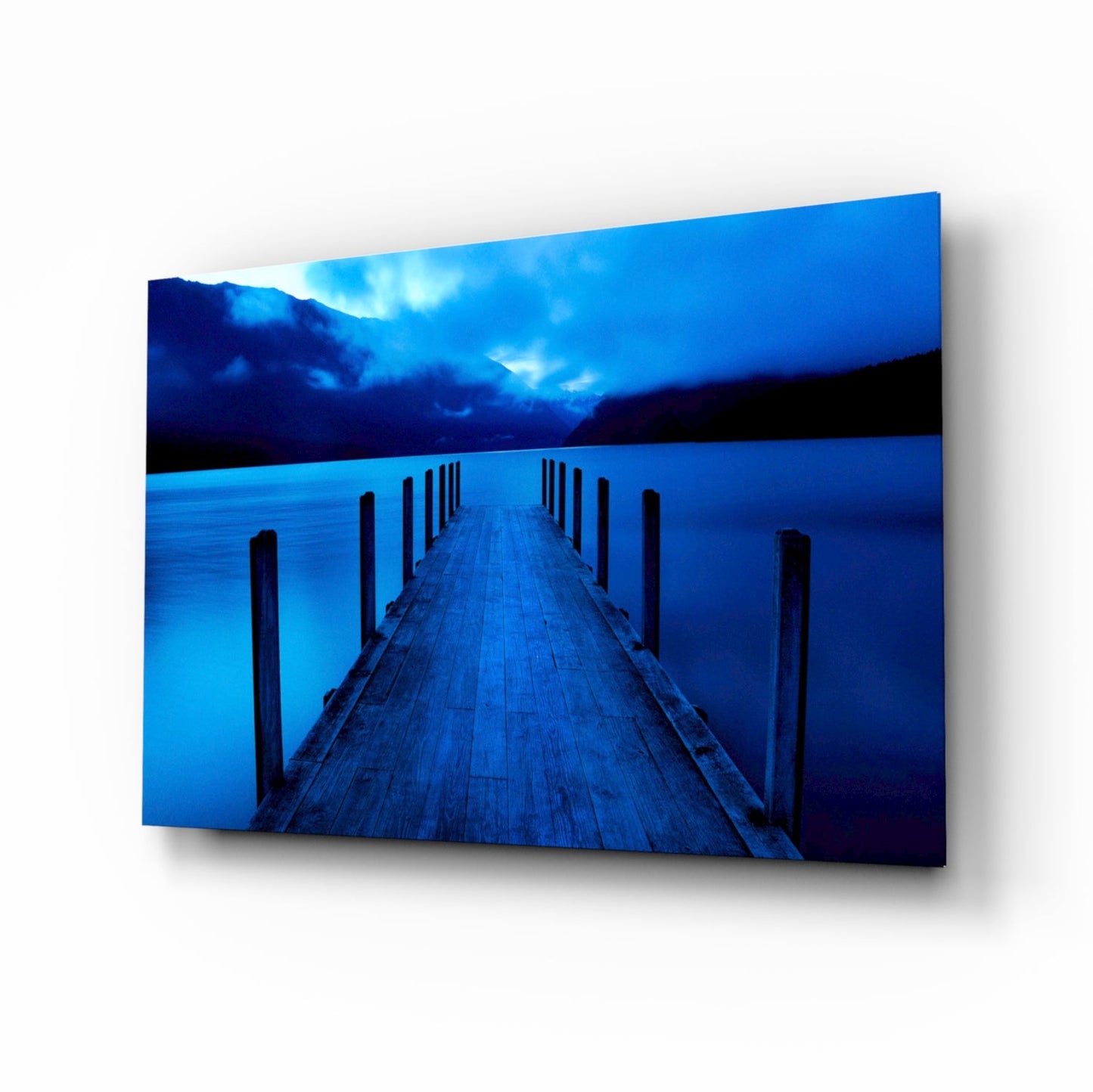 Moonlit Blue Mountain Jetty Glass Wall Art