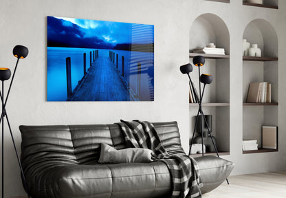 Moonlit Blue Mountain Jetty Glass Wall Art