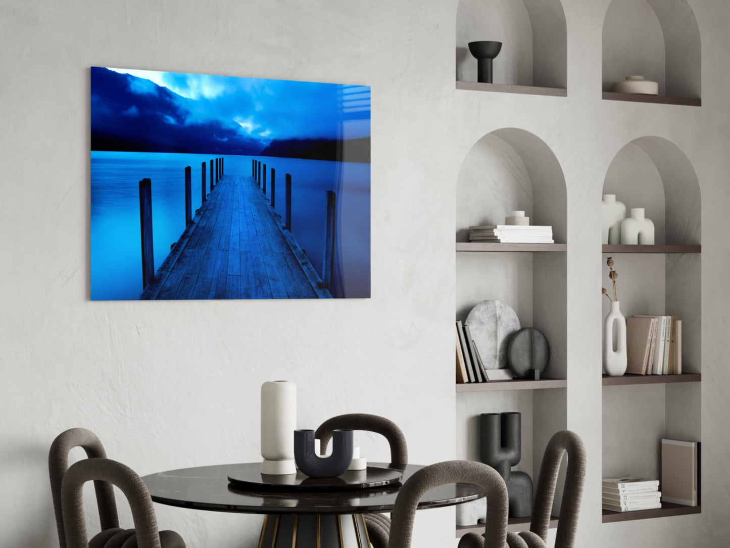 Moonlit Blue Mountain Jetty Glass Wall Art