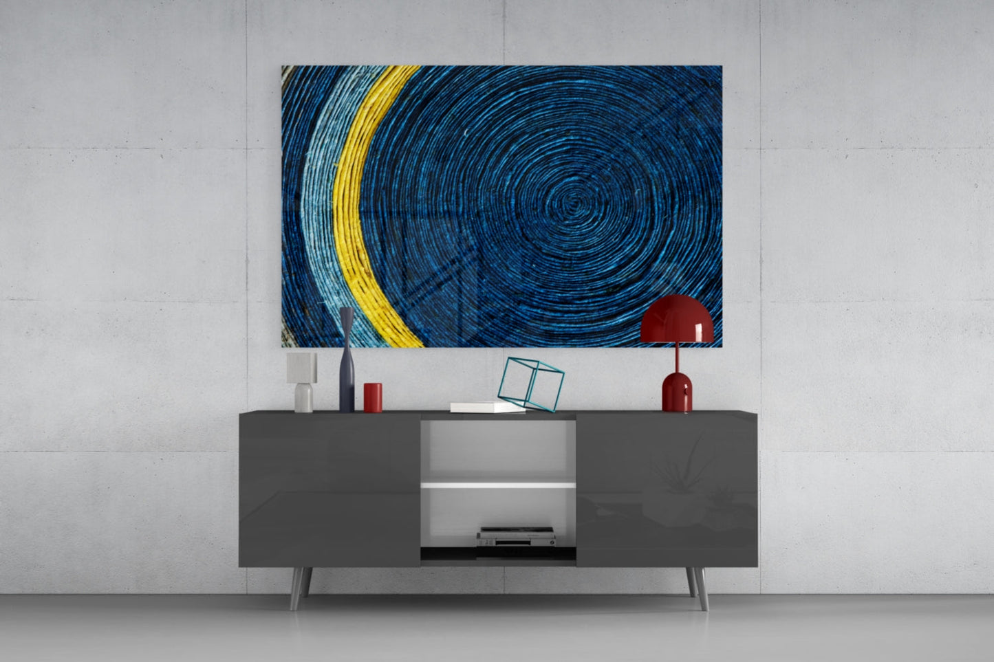 Indigo Coil With Yellow Stripe Glass Wall Art