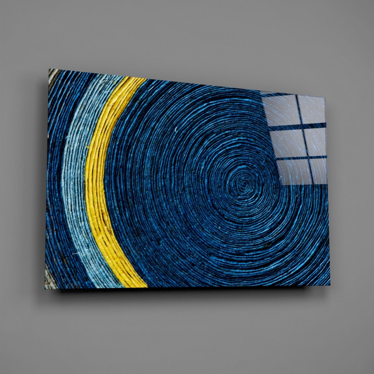 Indigo Coil With Yellow Stripe Glass Wall Art