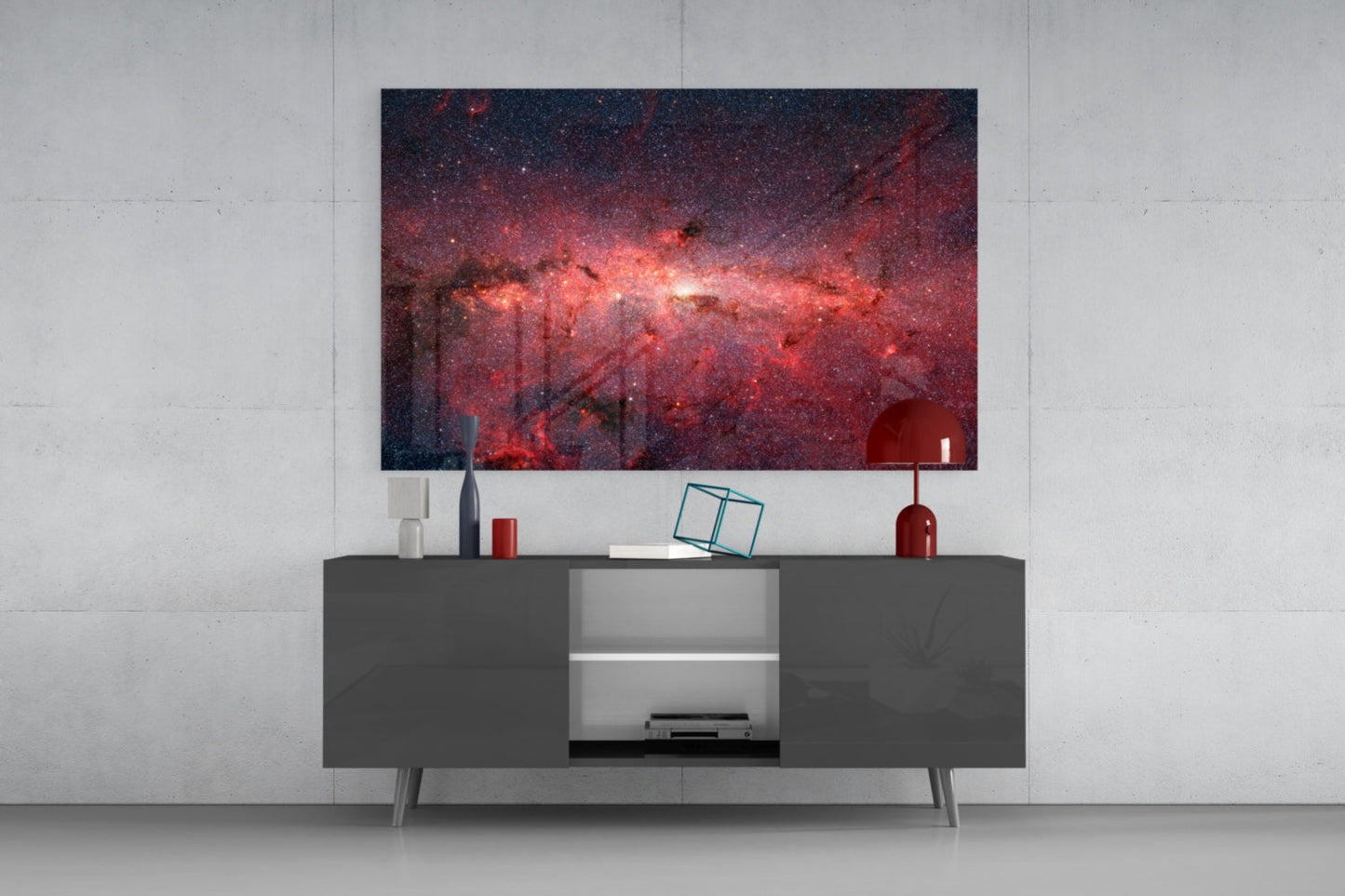 Red Nebula Glass Wall Art displaying a crimson cosmic scene mounted above a dark gray media console in a modern living room setting.