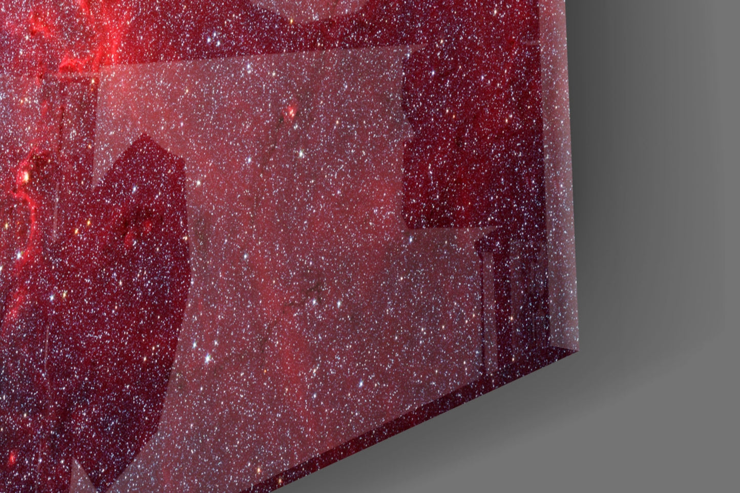 Red glitter glass panel displayed at an angle against gray background, showing sparkly texture and depth.