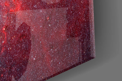 Red glitter glass panel displayed at an angle against gray background, showing sparkly texture and depth.