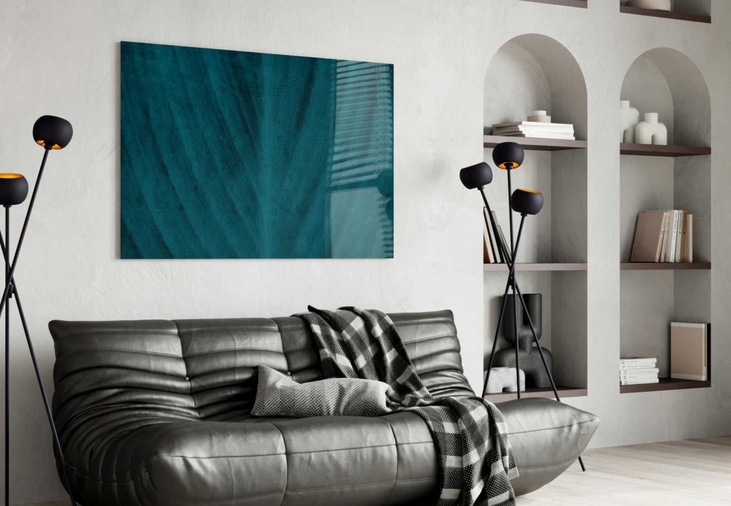 Deep Teal Leaf Texture Close Up Glass Wall Art