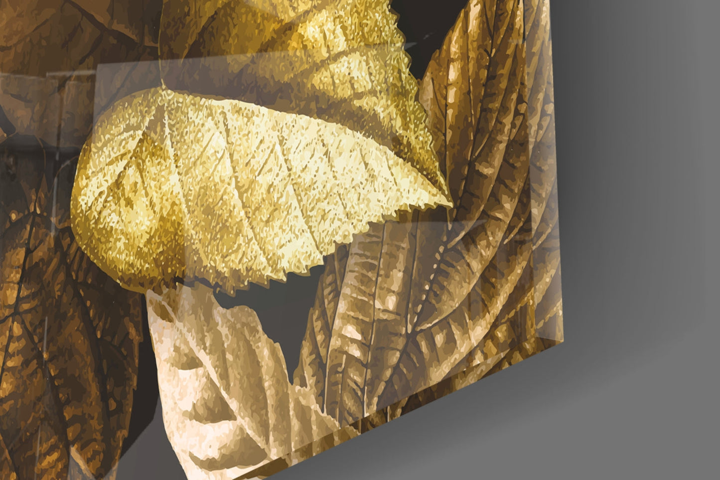 Metallic Gold Leaves On Dark Yellow Leaf Glass Wall Art