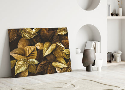 Metallic Gold Leaves On Dark Yellow Leaf Glass Wall Art