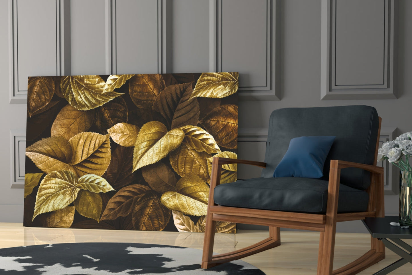 Metallic Gold Leaves On Dark Yellow Leaf Glass Wall Art