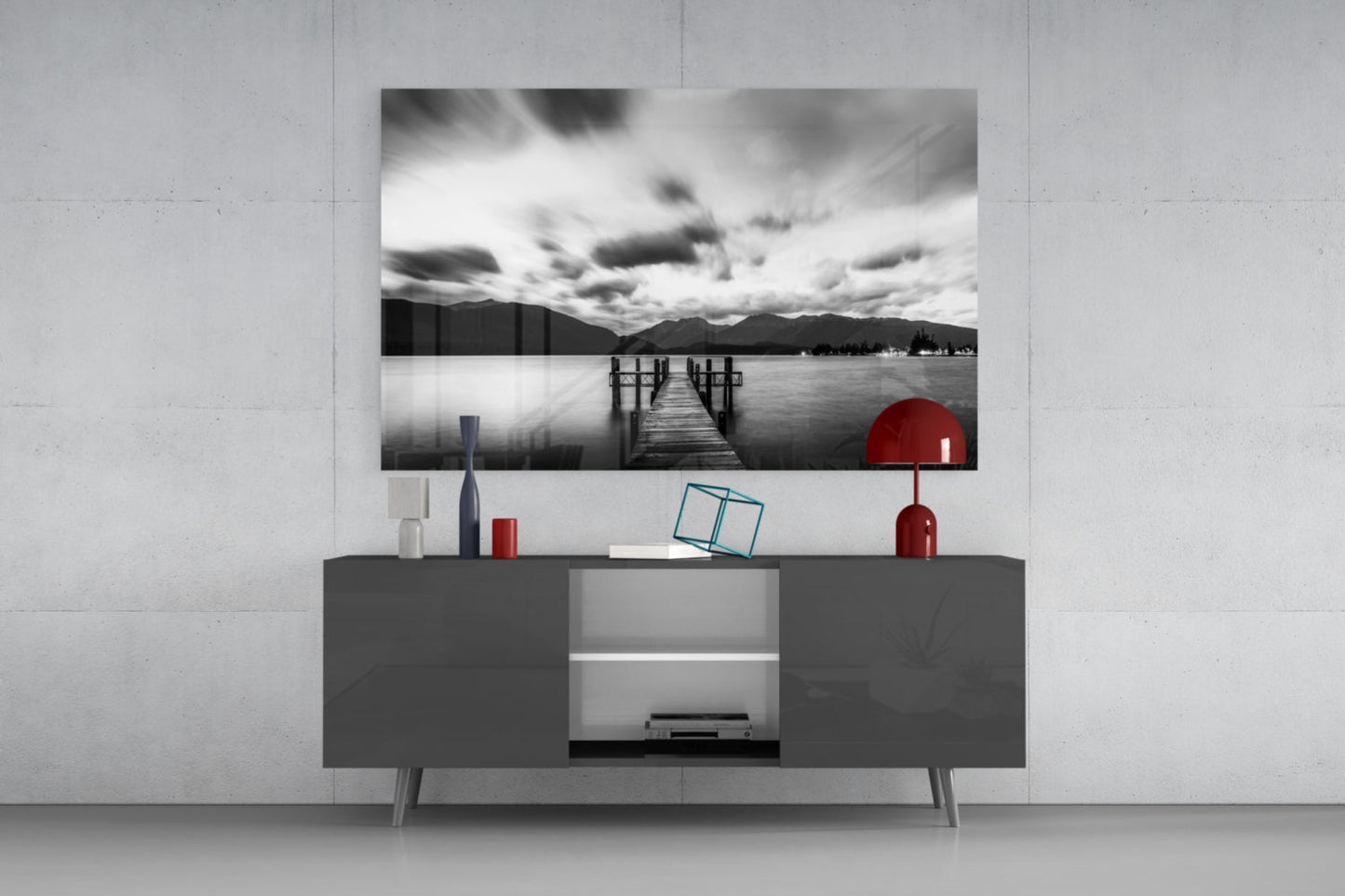 Dramatic Clouds Over Lake Jetty Glass Wall Art