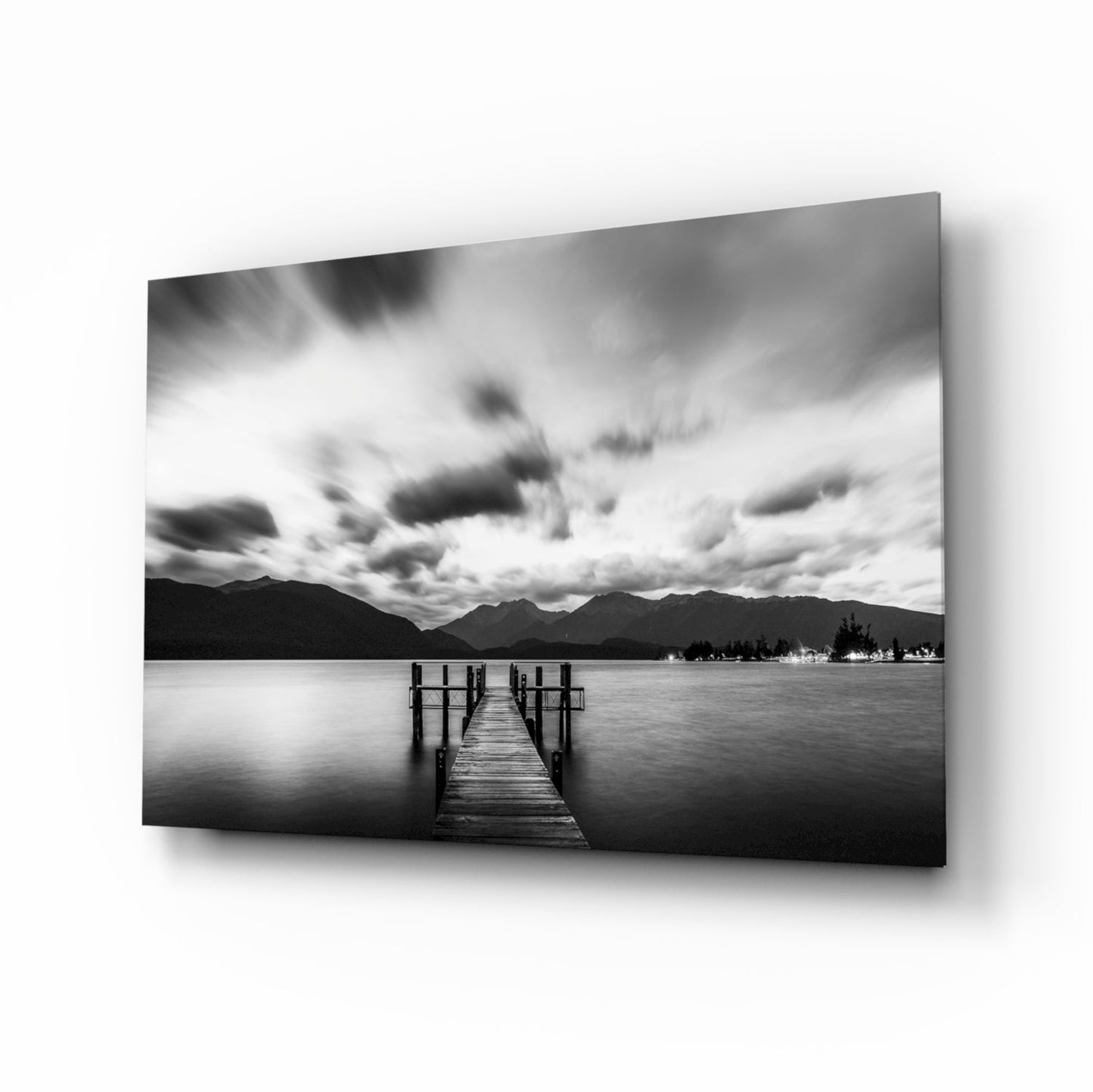 Dramatic Clouds Over Lake Jetty Glass Wall Art