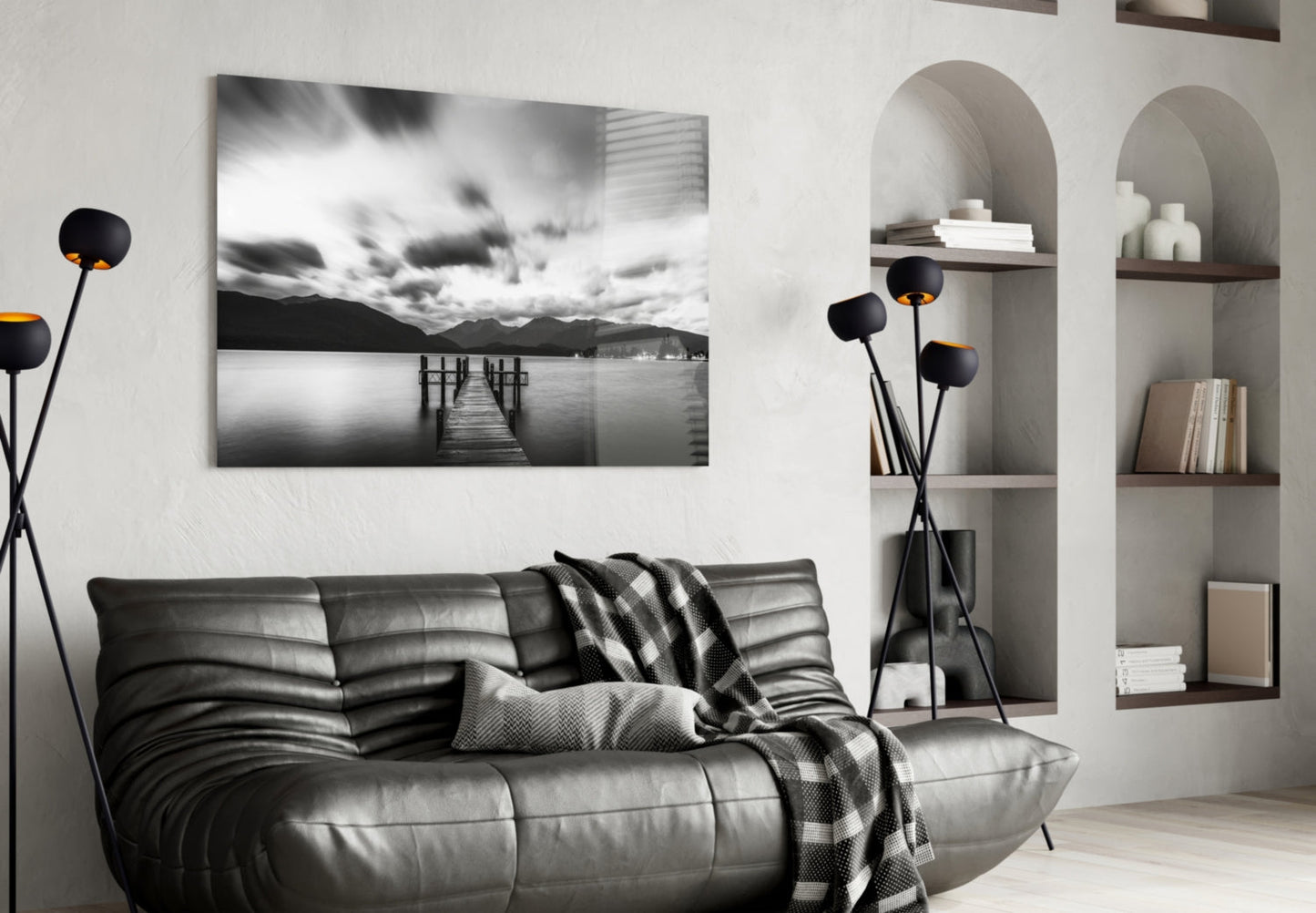 Dramatic Clouds Over Lake Jetty Glass Wall Art