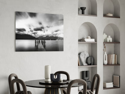 Dramatic Clouds Over Lake Jetty Glass Wall Art