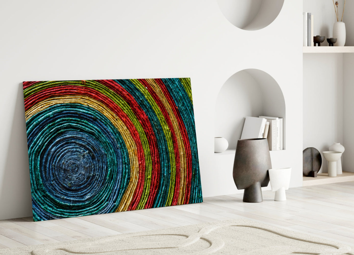 Rainbow Woven Rings Spiral Glass Wall Art