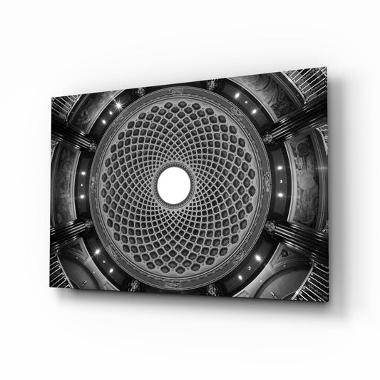Black and white photograph of an ornate domed ceiling with geometric coffers radiating from a central circular opening, mounted as glass wall art.