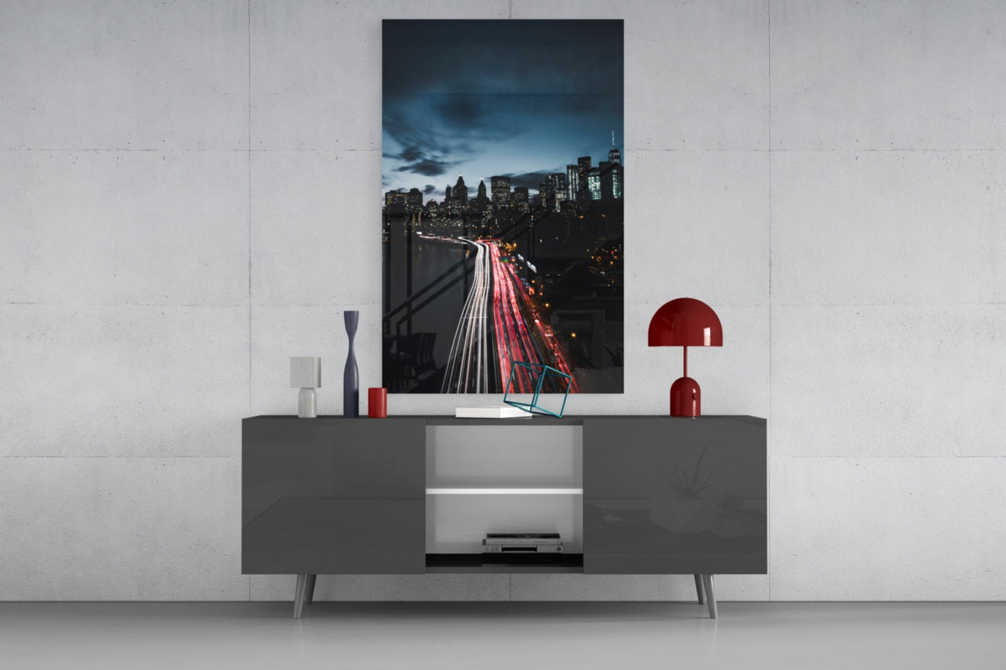 Red Light Trails Night Skyline Glass Wall Art