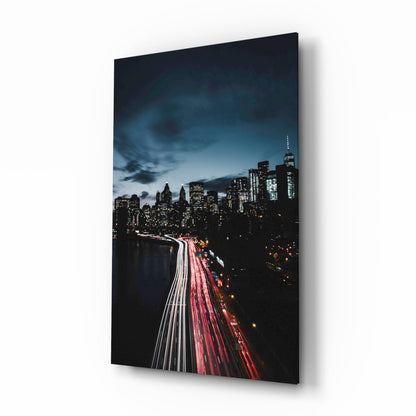 Red Light Trails Night Skyline Glass Wall Art
