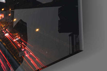 Red Light Trails Night Skyline Glass Wall Art