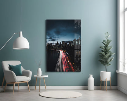 Red Light Trails Night Skyline Glass Wall Art
