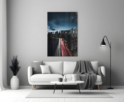 Red Light Trails Night Skyline Glass Wall Art