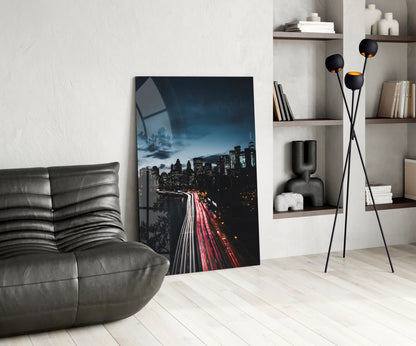 Red Light Trails Night Skyline Glass Wall Art
