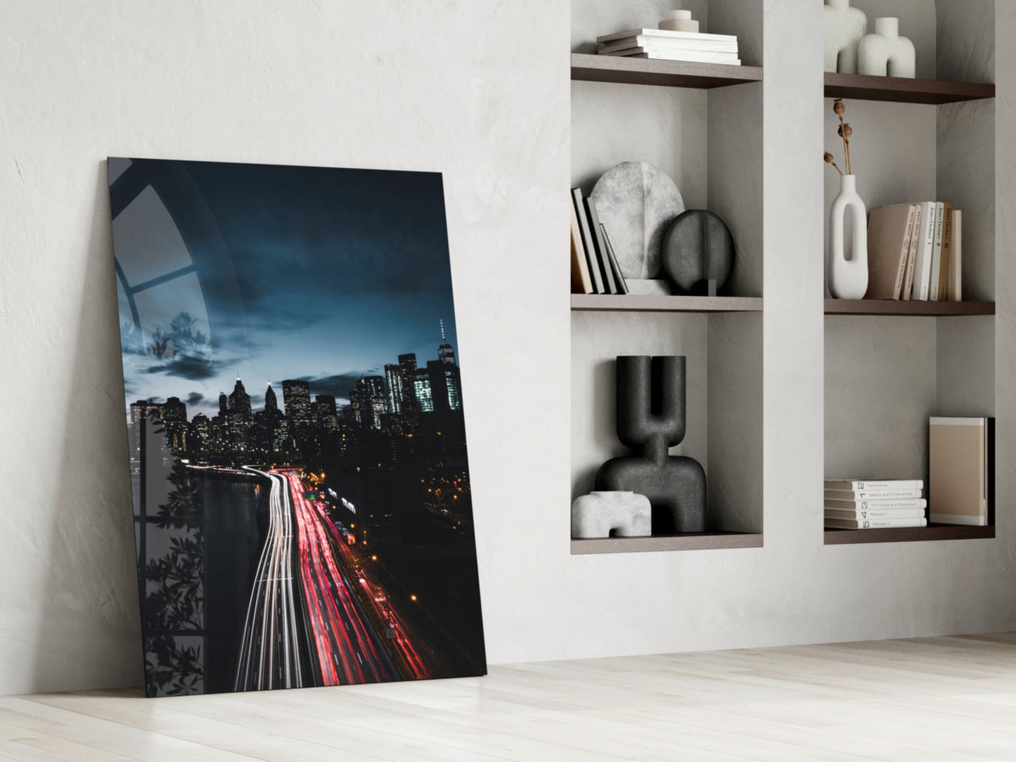 Red Light Trails Night Skyline Glass Wall Art