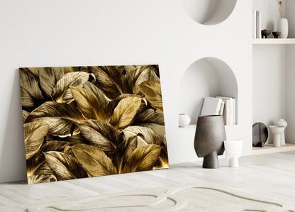 Pale Golden Layered Yellow Leaf Bed Glass Wall Art