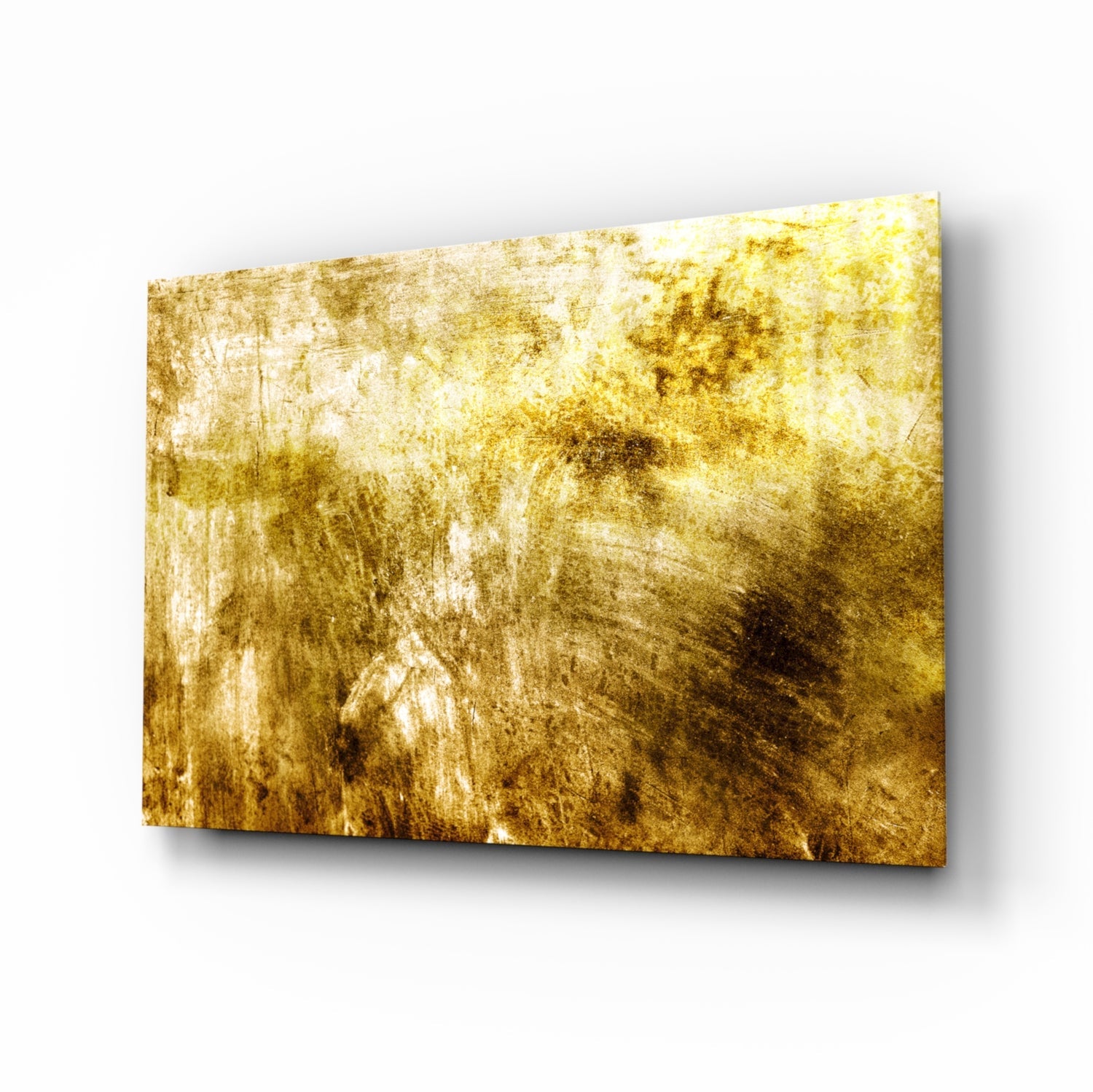 Angled perspective of gold and cream textured glass wall art panel with weathered metallic finish and shadowing effect.