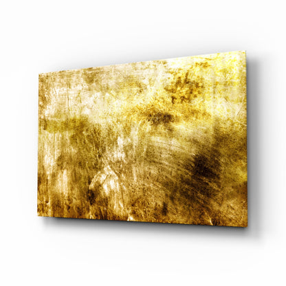 Angled perspective of gold and cream textured glass wall art panel with weathered metallic finish and shadowing effect.