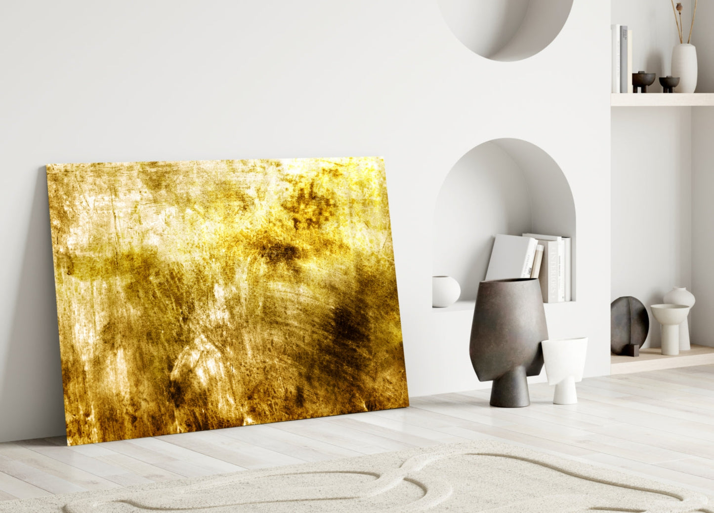 Gold and white textured glass panel leaning against white wall in minimalist interior display setting.