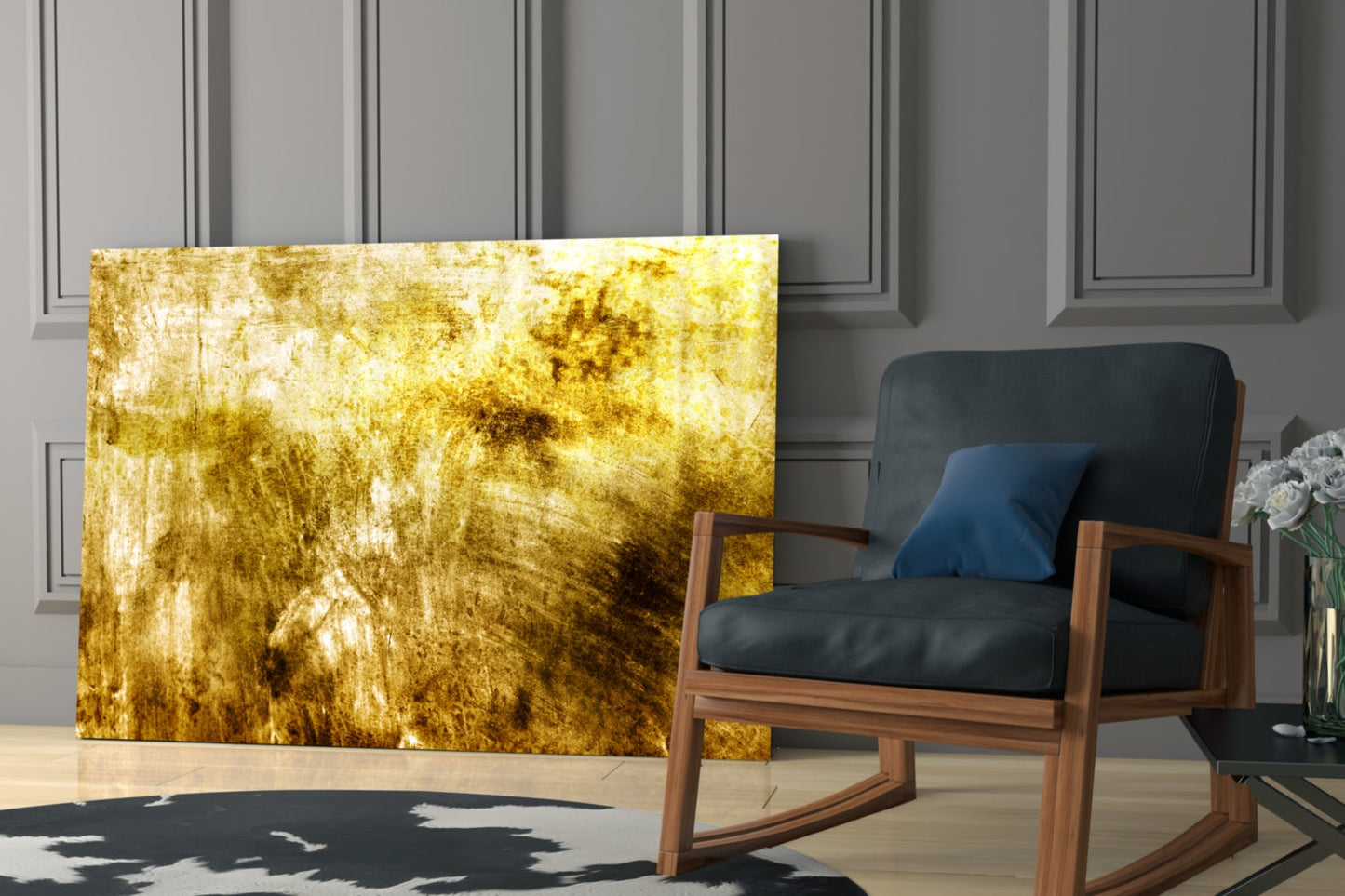 Yellow and gold abstract textured glass wall art installed in modern living room beside wood-framed chair with black upholstery.