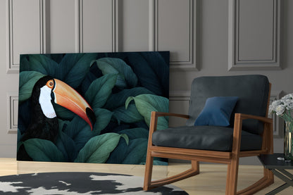 Toucan glass wall art displayed in modern living room with mid-century wooden chair and teal foliage background.