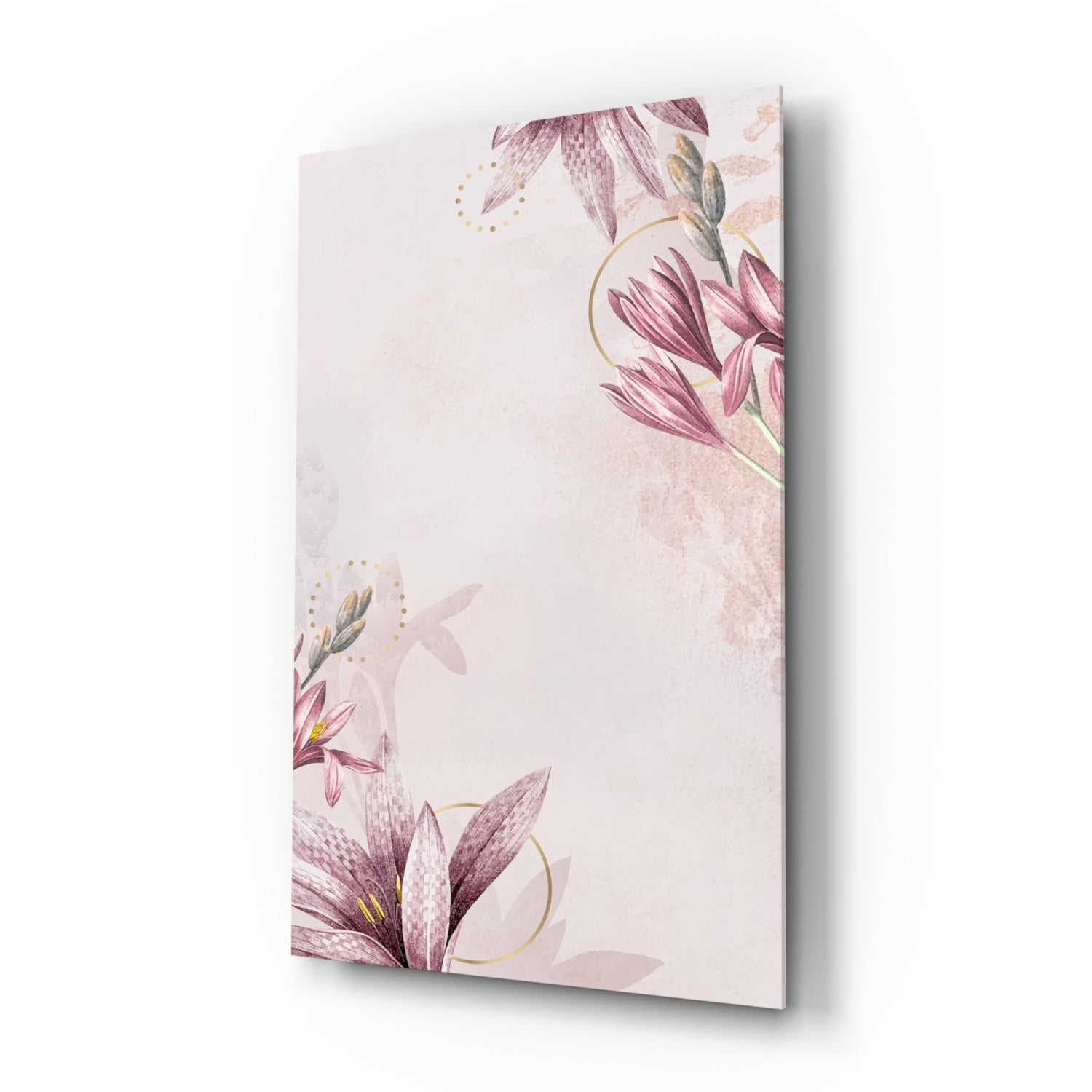 Angled view of a glass wall panel featuring burgundy and pink flowers with gold accents on a pale background.