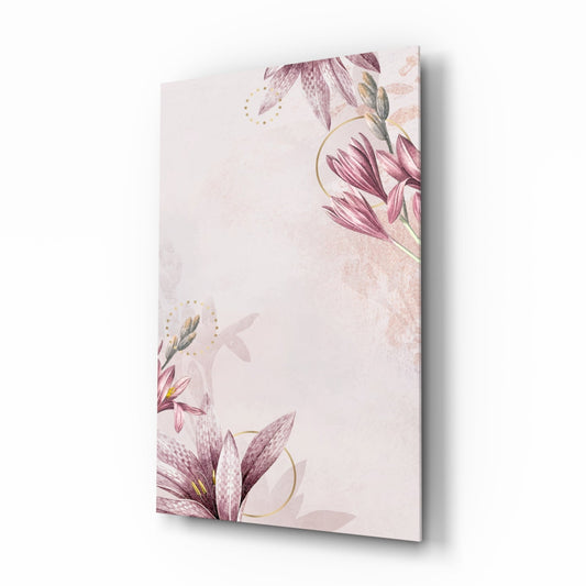Angled view of a glass wall panel featuring burgundy and pink flowers with gold accents on a pale background.