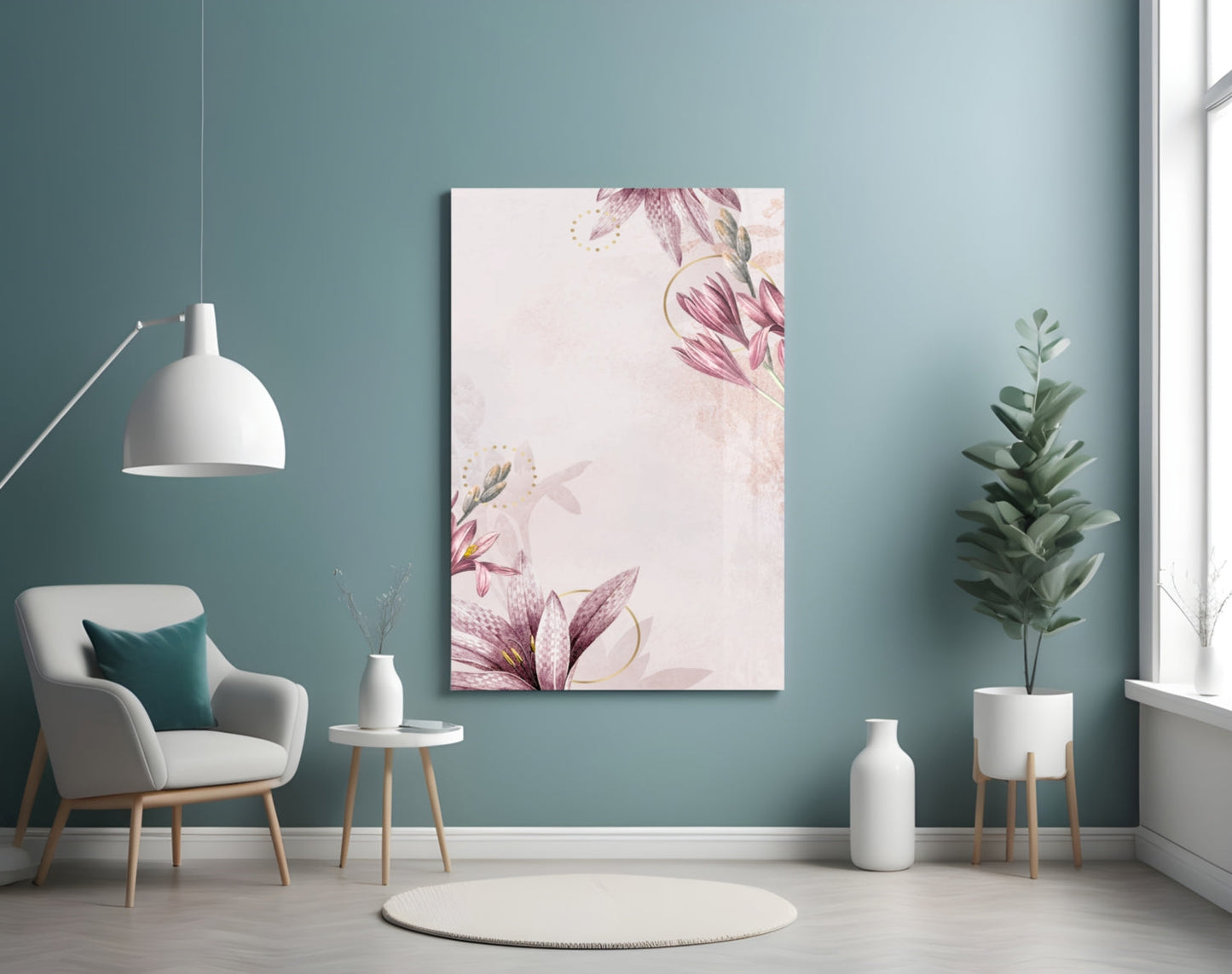 Pink flower pattern glass wall art displayed on turquoise wall in minimalist room setting with chair and plants.