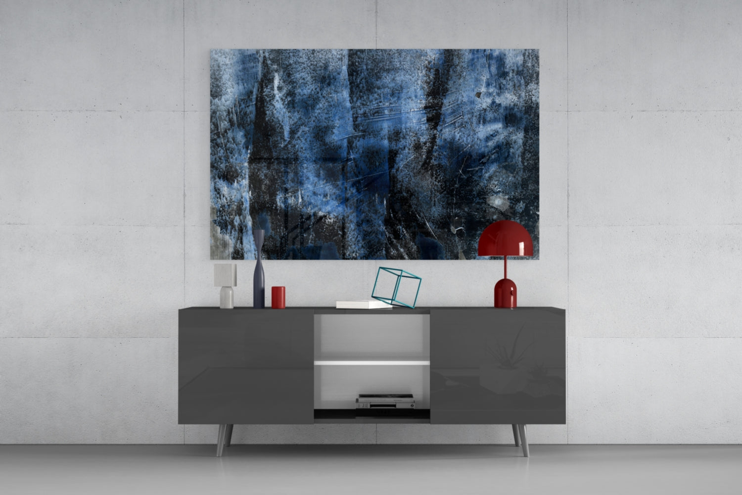 Blue abstract glass wall art with dark weathered texture displayed above dark gray media console in modern living room setting.