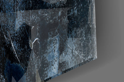Blue and gray abstract glass panel displayed at an angle, showing textured surface with weathered, mottled finish and white cracks.