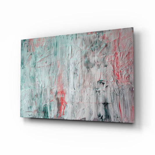 Abstract glass wall art with textured oil painting effect in mint green, coral red, white, and gray brushstrokes, displayed at an angled perspective.