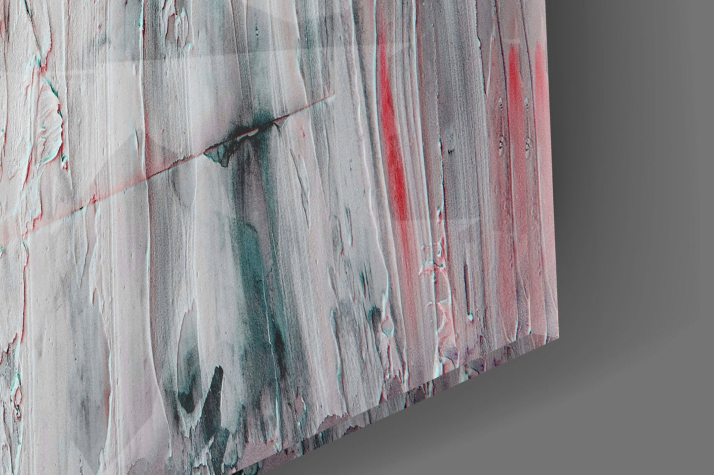 Abstract oil art glass panel showing vertical brushstrokes in white, gray, red, and teal tones at an angled perspective.