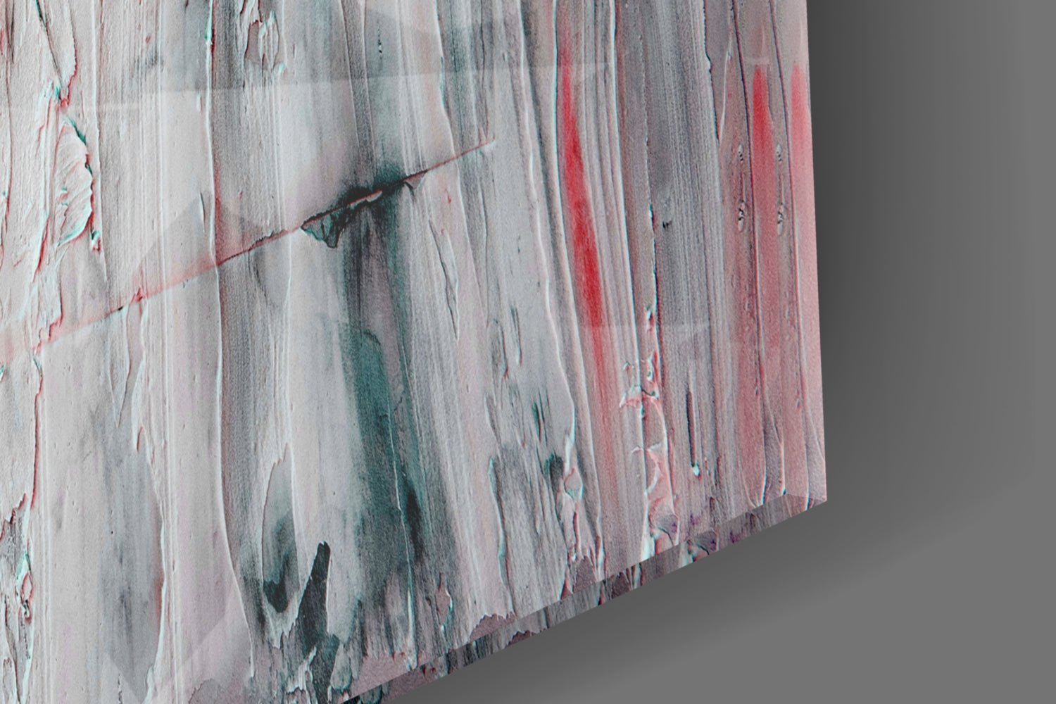 Abstract oil art glass panel showing vertical brushstrokes in white, gray, red, and teal tones at an angled perspective.
