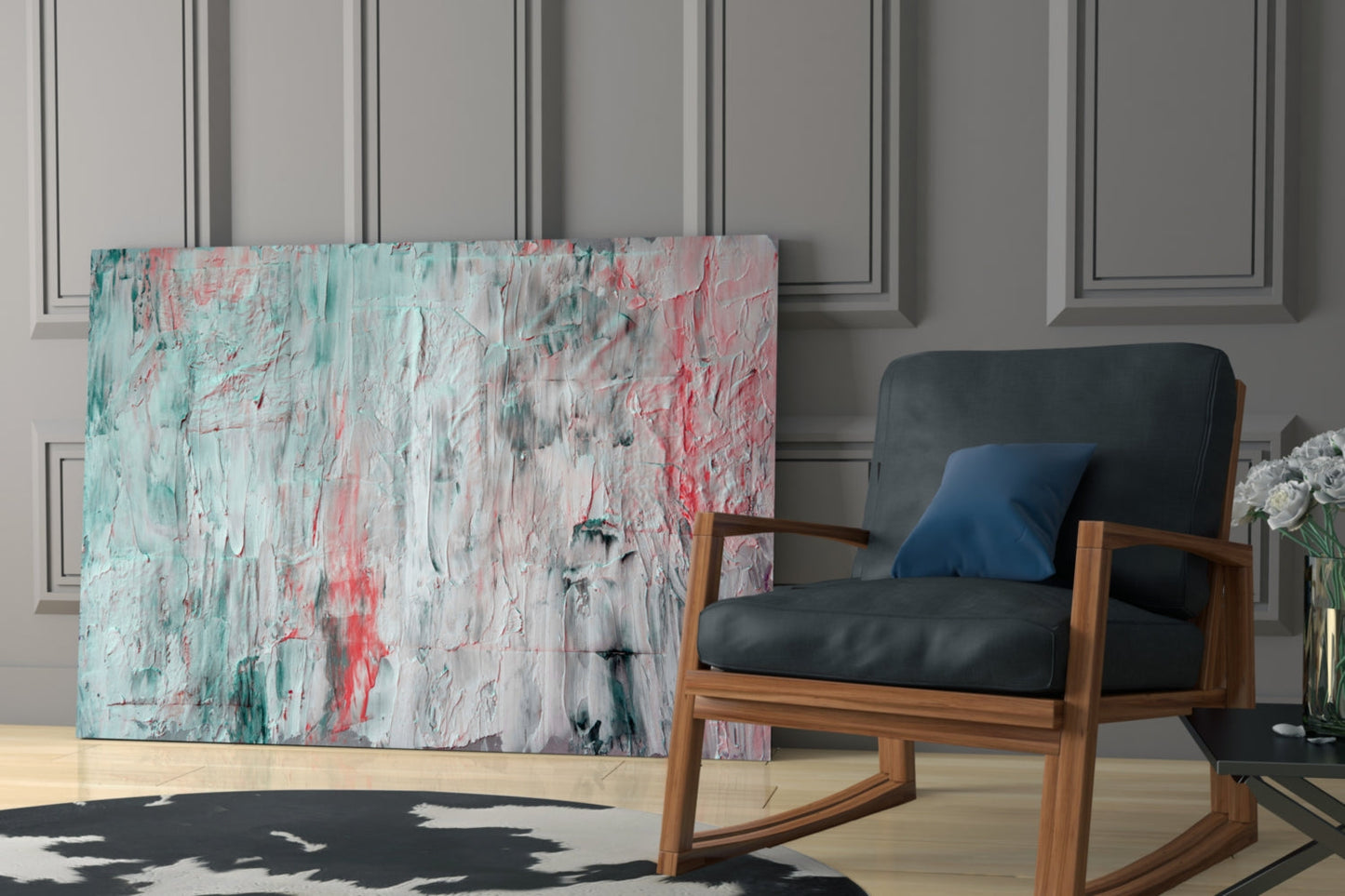Abstract oil-effect glass wall art with turquoise, pink, and white brushstrokes displayed in modern living room interior.