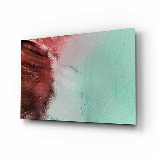 Angled perspective view of rust red and mint green glass wall art with white gradient fade between colors.