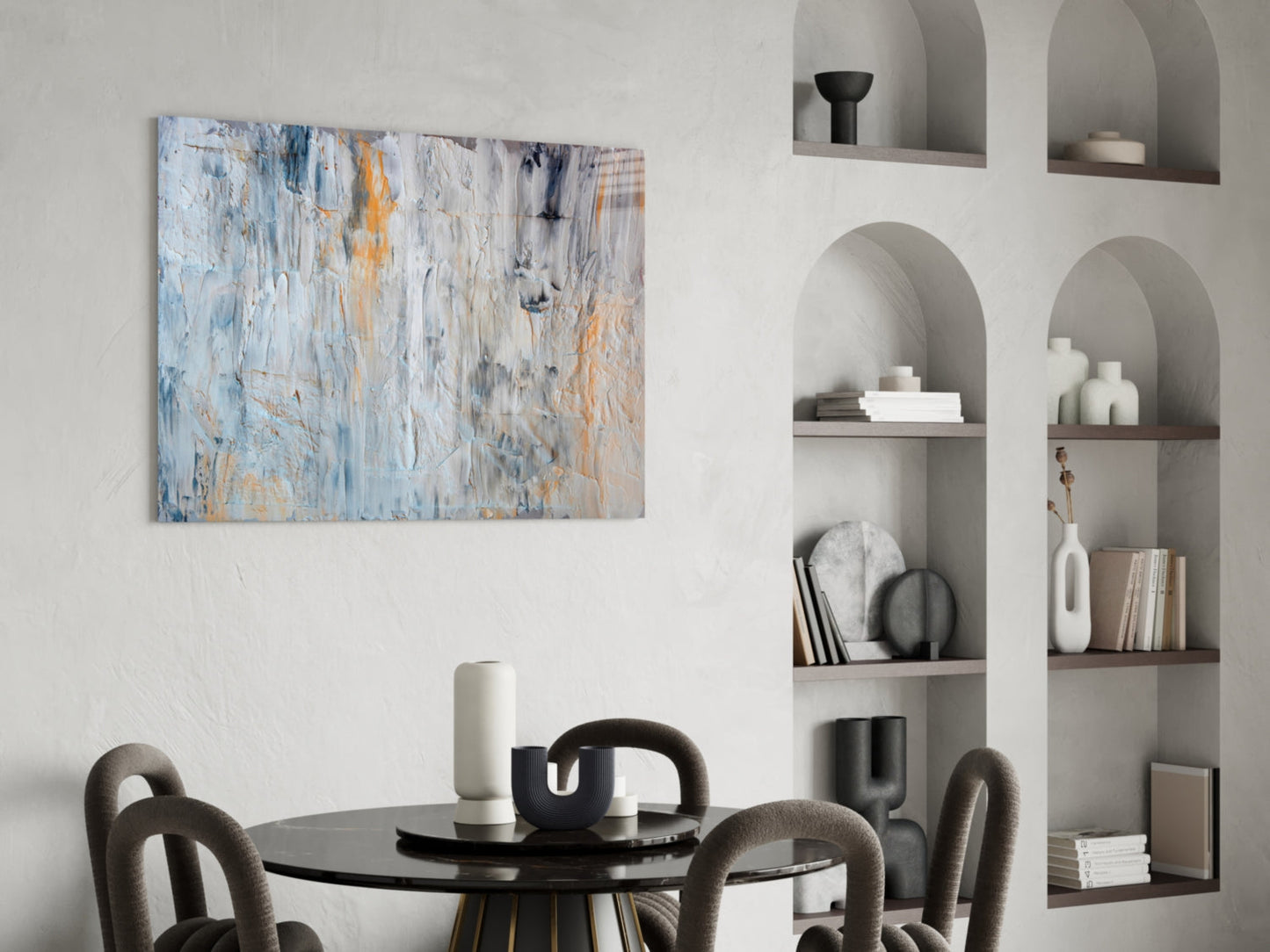 Orange Drip Gray Plaster Abstract Glass Wall Art