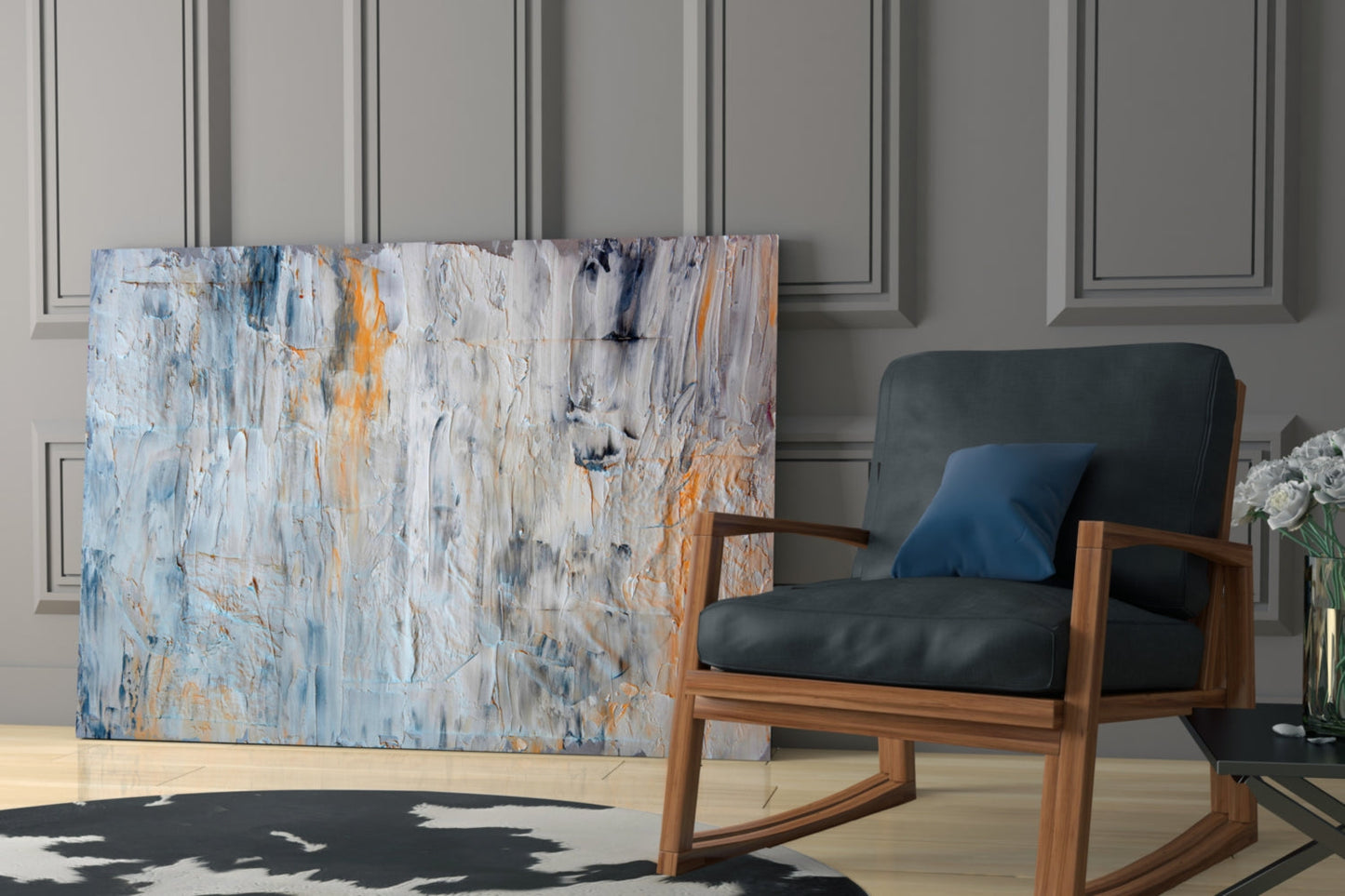 Orange Drip Gray Plaster Abstract Glass Wall Art