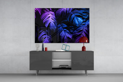 Neon Blue Violet Monstera Glass Wall Art