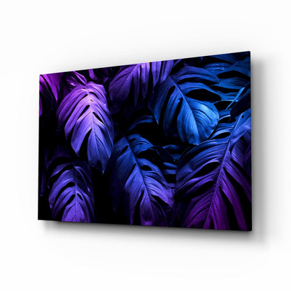 Neon Blue Violet Monstera Glass Wall Art